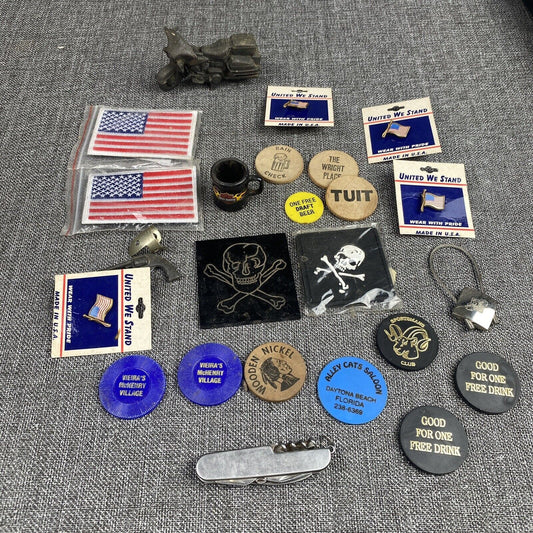 Junk Drawer Harley, Beer Tokens, Patches, US Flag Pins, Skulls, etc