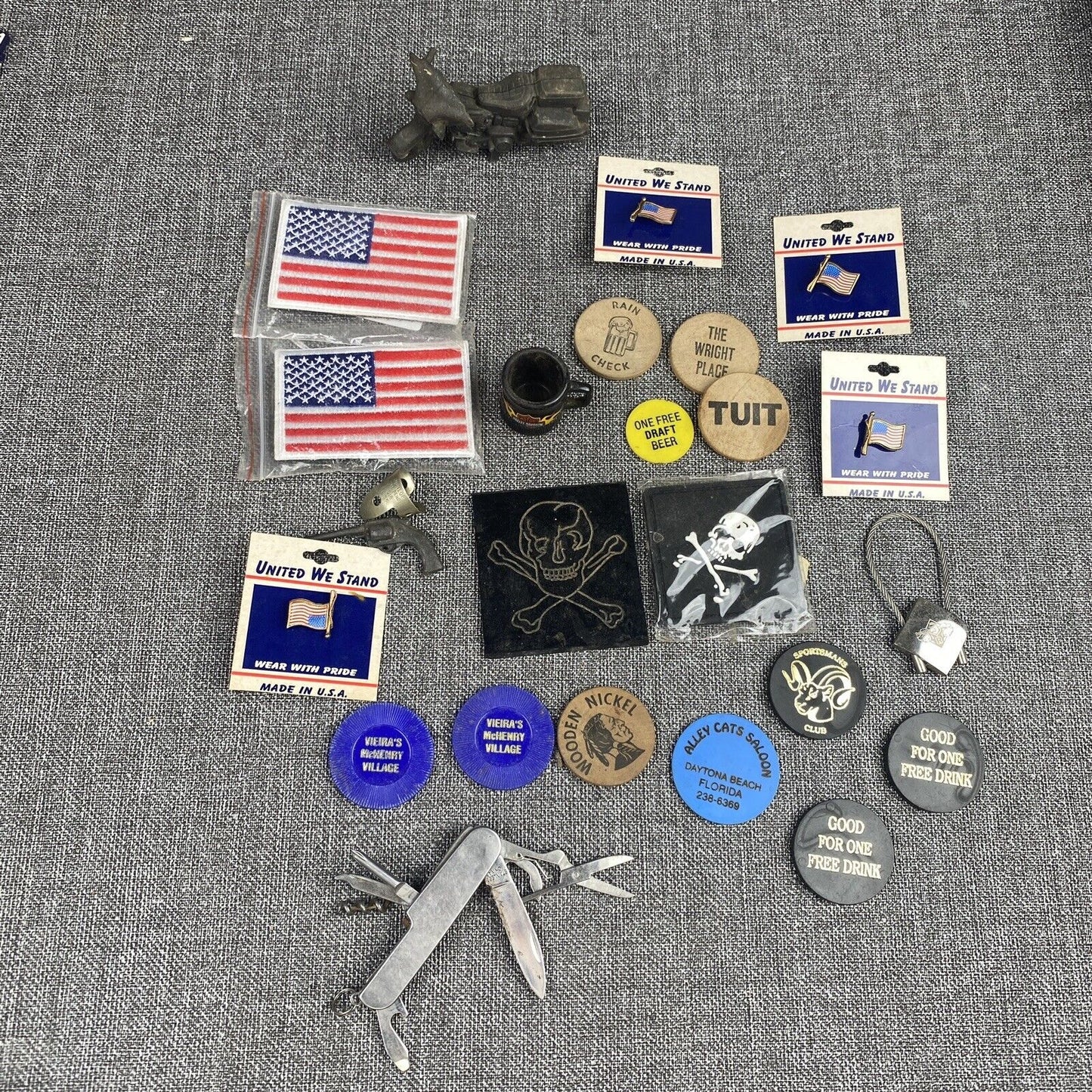 Junk Drawer Harley, Beer Tokens, Patches, US Flag Pins, Skulls, etc