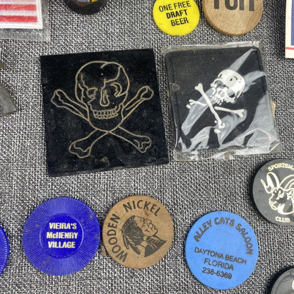 Junk Drawer Harley, Beer Tokens, Patches, US Flag Pins, Skulls, etc