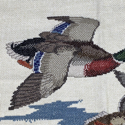 Vintage Large Finished Needlepoint Cross Stitch Mallard Duck 33" x 26"