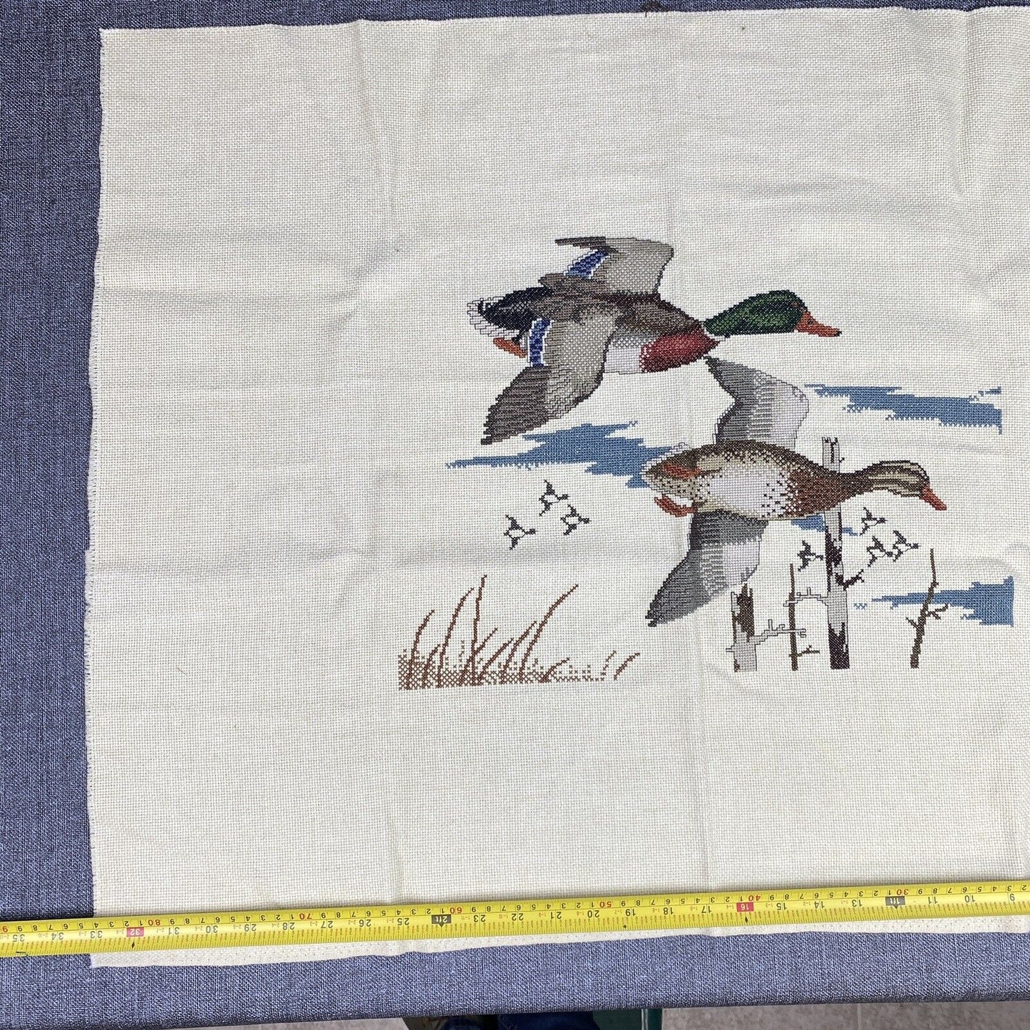 Vintage Large Finished Needlepoint Cross Stitch Mallard Duck 33" x 26"