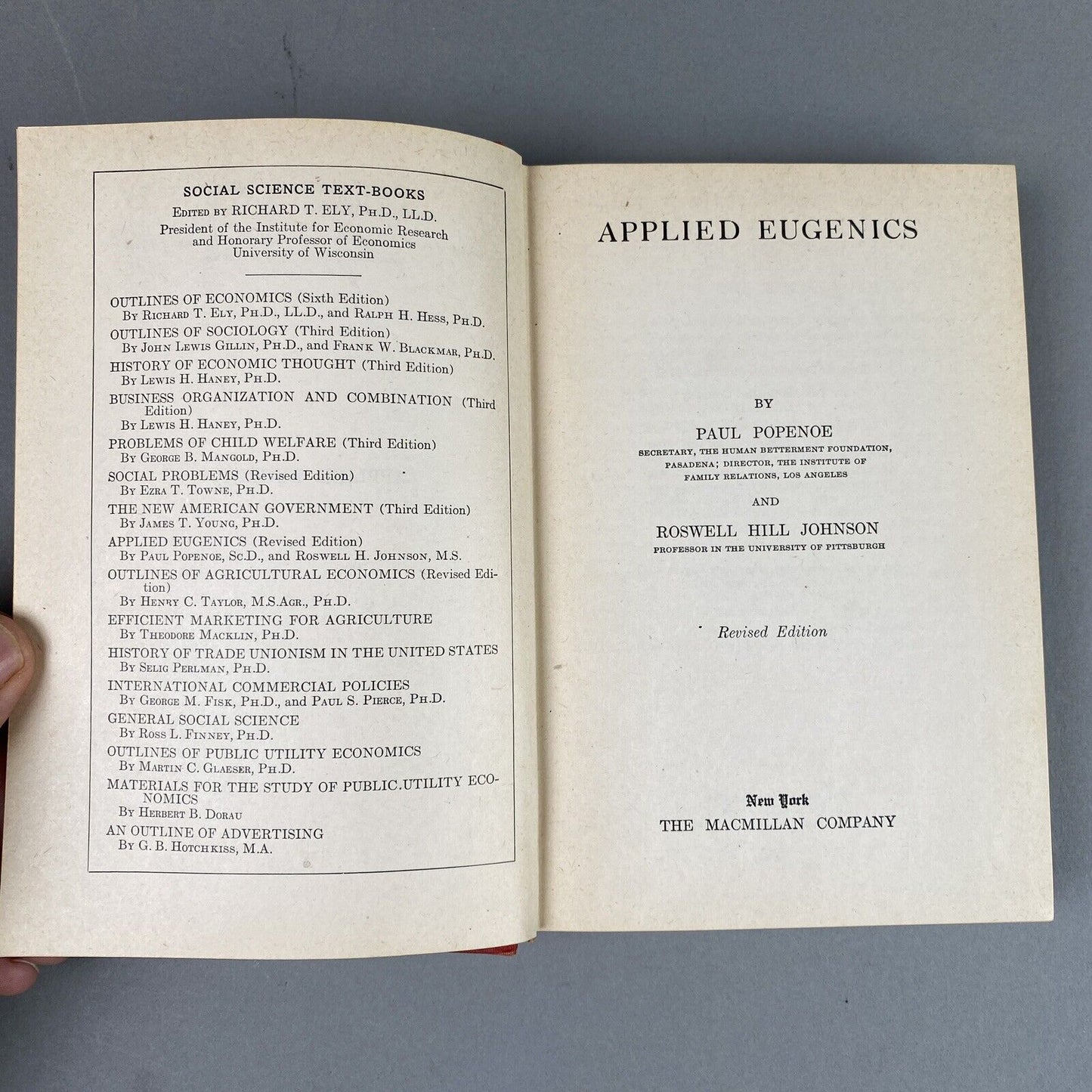 Applied Eugenics by P. Popenoe and R. H. Johnson Revised Edition 1933, 7th print