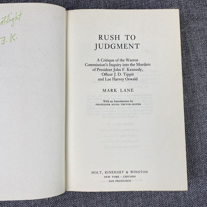 Rush to Judgment by Mark Lane 1966 Hardcover 1st Edition 5th Print JFK Book