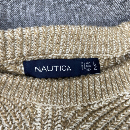 Nautica Men's Crew Neck Long Sleeve Knitted Sweater - Light Brown/Creme-Large