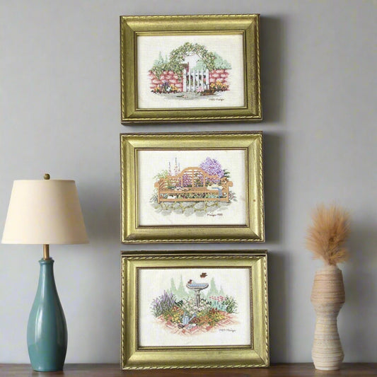 LOT of 3 Cross Stitch Framed Completed Floral Nursery Garden 1989