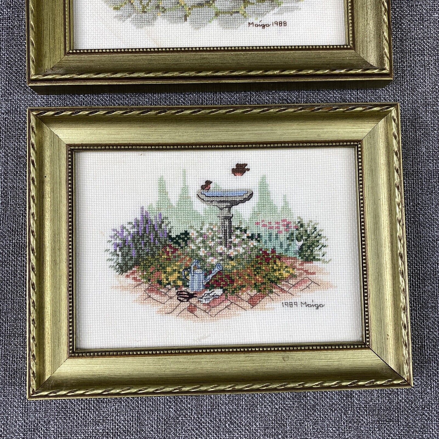 LOT of 3 Cross Stitch Framed Completed Floral Nursery Garden 1989