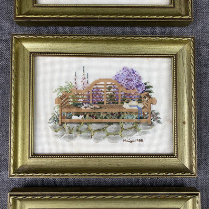 LOT of 3 Cross Stitch Framed Completed Floral Nursery Garden 1989