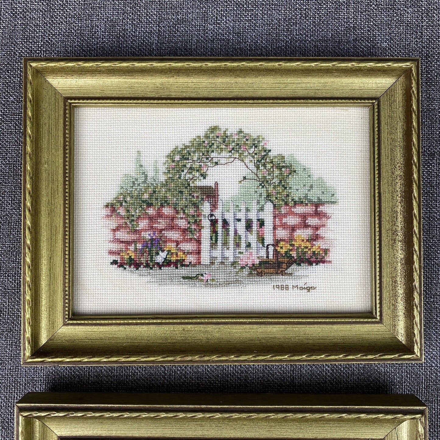 LOT of 3 Cross Stitch Framed Completed Floral Nursery Garden 1989