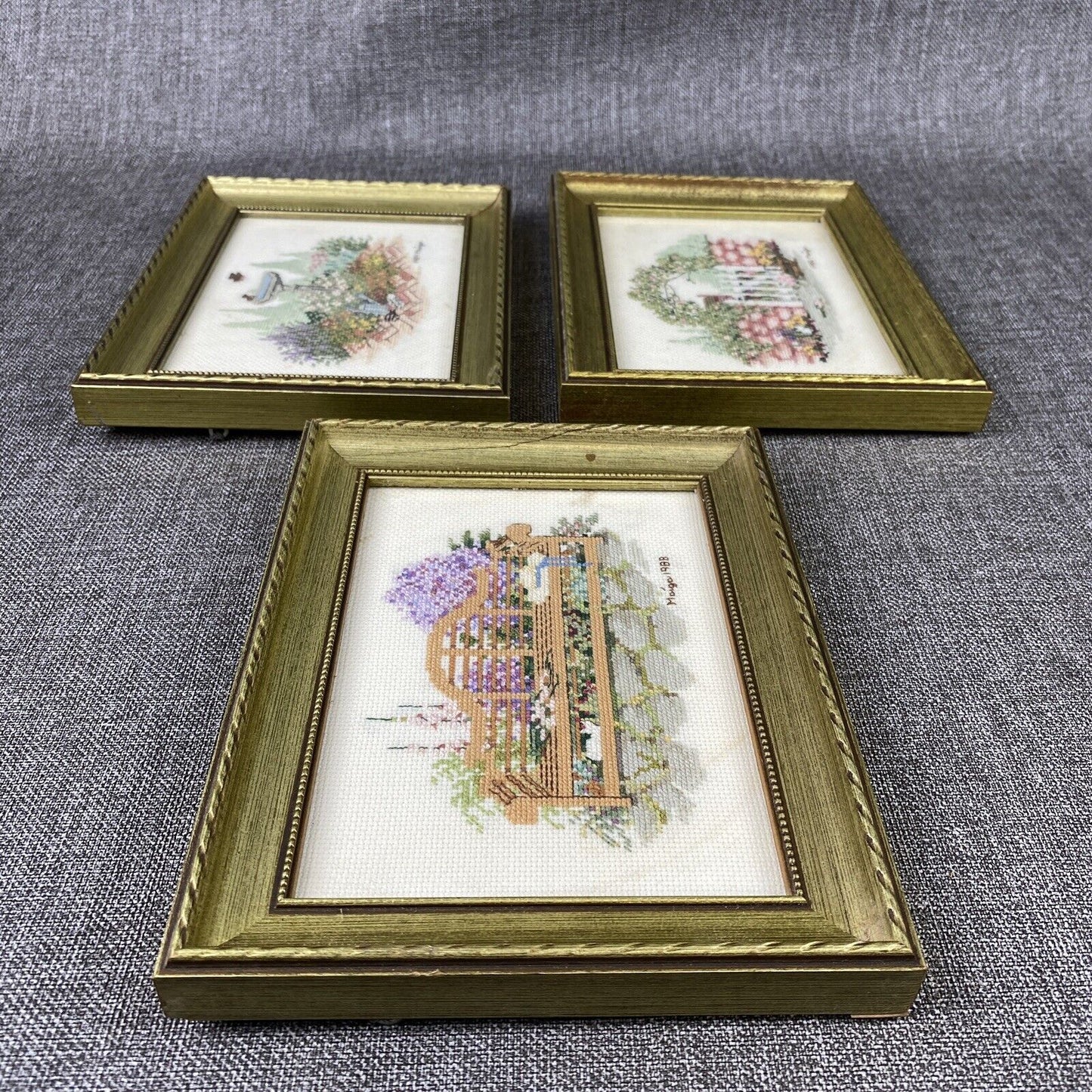 LOT of 3 Cross Stitch Framed Completed Floral Nursery Garden 1989