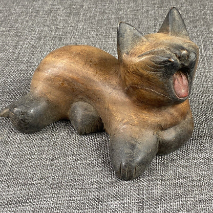 Vintage Wooden Carved Cat Folk Art Cat Yawning Handcrafted Mandalay Box Co