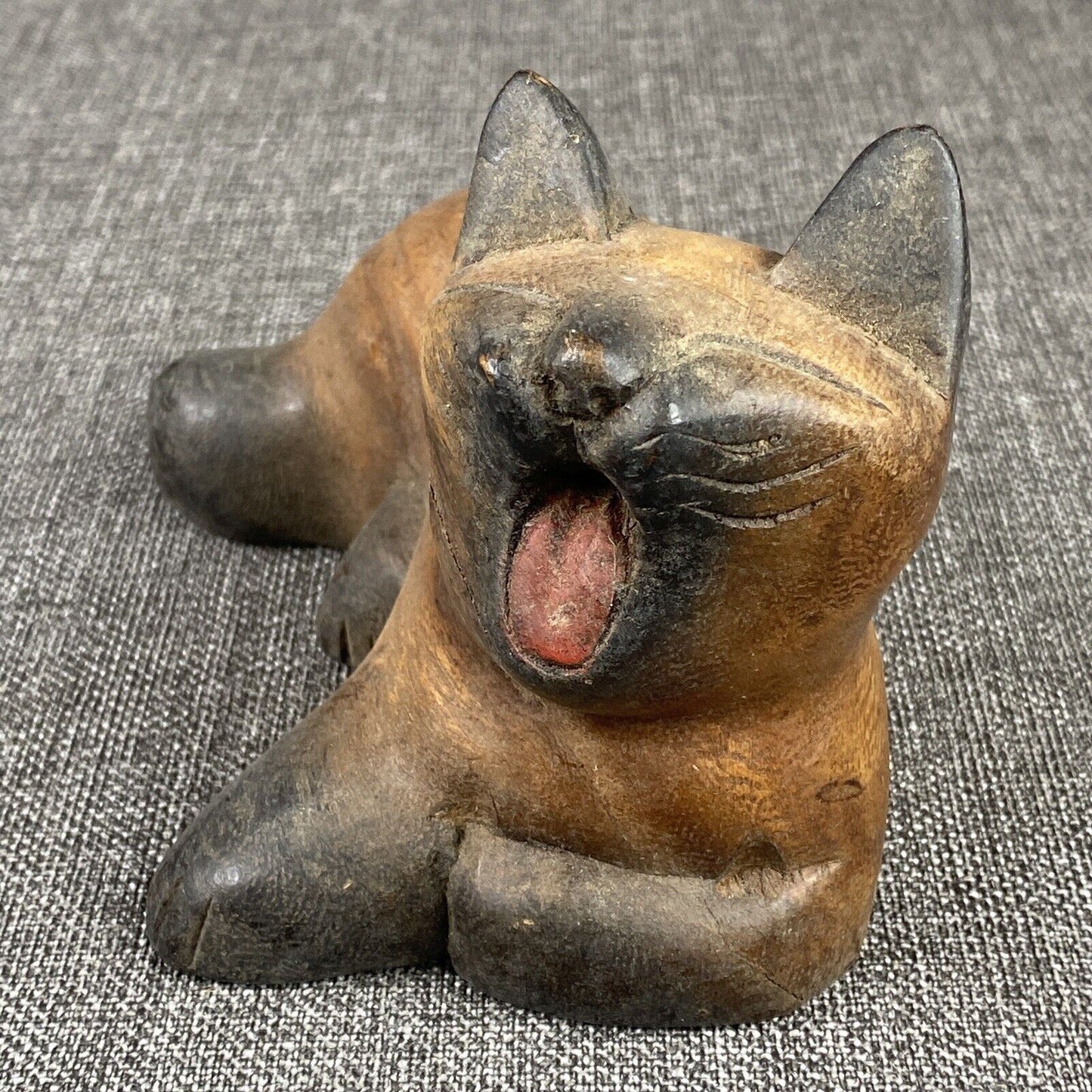 Vintage Wooden Carved Cat Folk Art Cat Yawning Handcrafted Mandalay Box Co