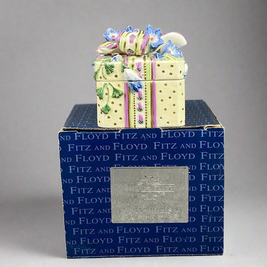 Fitz and Floyd Gift with Ribbon Lidded Trinket Box Yellow Floral Square NOS