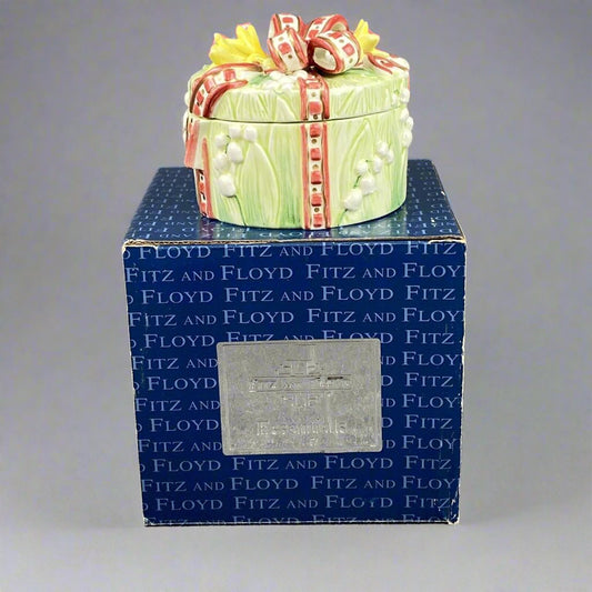 Fitz and Floyd Gift with Ribbon Lidded Trinket Box Green Floral Round NOS