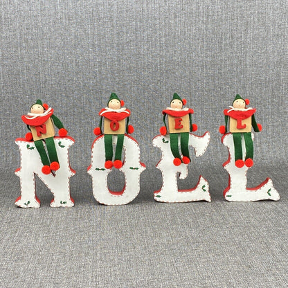 Vintage 2 - NOEL Christmas Wooden Block Letters Red Green Holly & Little Men