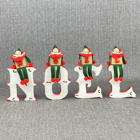 Vintage 2 - NOEL Christmas Wooden Block Letters Red Green Holly & Little Men