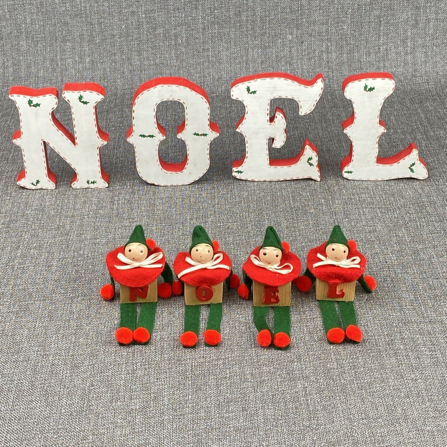 Vintage 2 - NOEL Christmas Wooden Block Letters Red Green Holly & Little Men