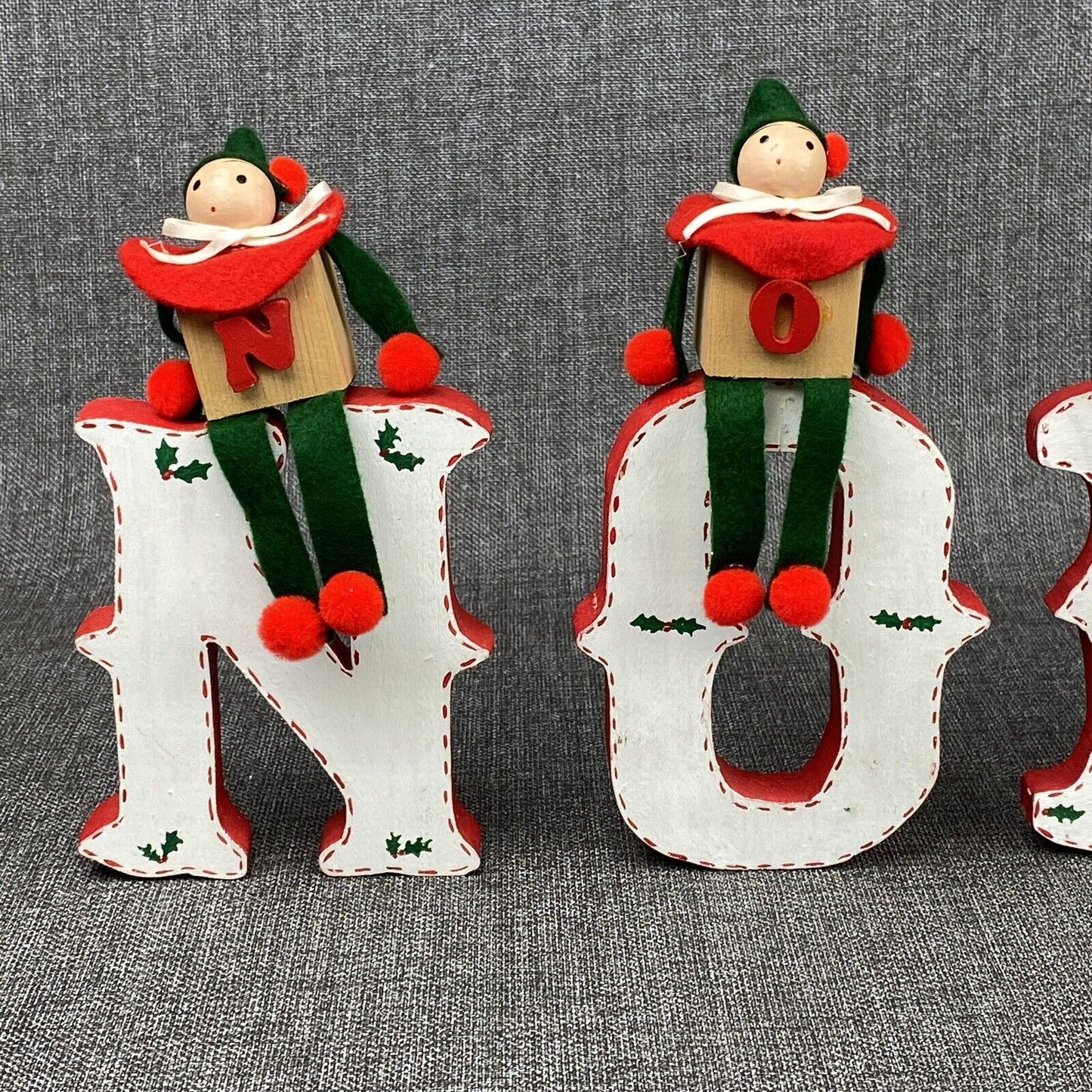 Vintage 2 - NOEL Christmas Wooden Block Letters Red Green Holly & Little Men