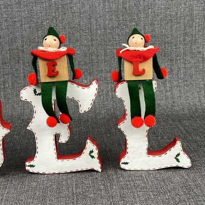 Vintage 2 - NOEL Christmas Wooden Block Letters Red Green Holly & Little Men