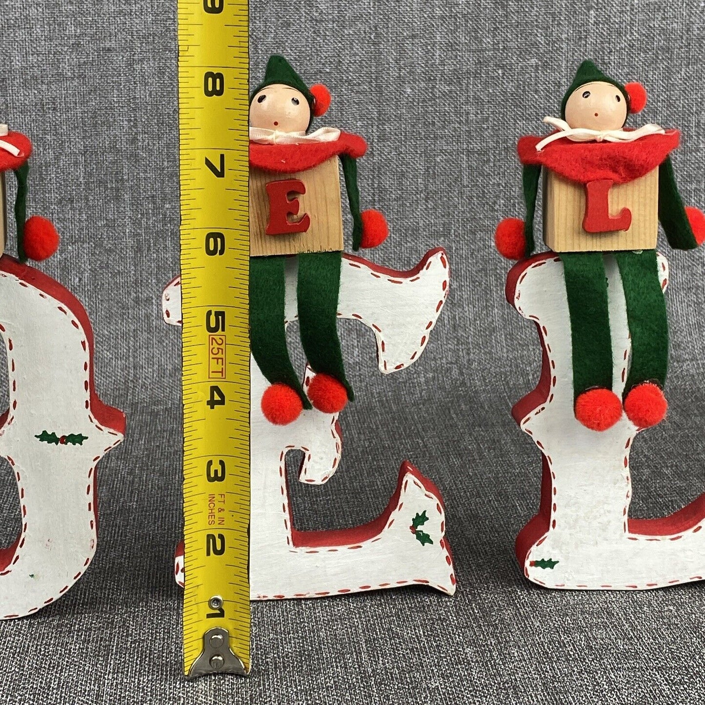 Vintage 2 - NOEL Christmas Wooden Block Letters Red Green Holly & Little Men