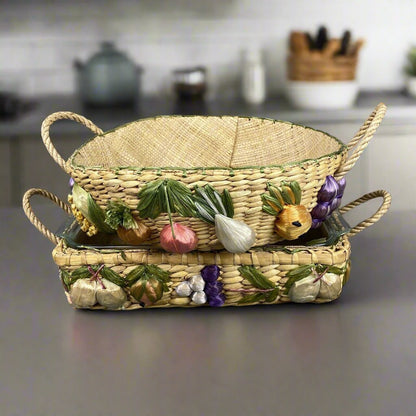 2 Nesting Vintage Wicker Casserole Carriers/Holders Raffia Lined Baskets