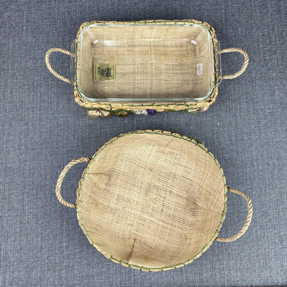 2 Nesting Vintage Wicker Casserole Carriers/Holders Raffia Lined Baskets