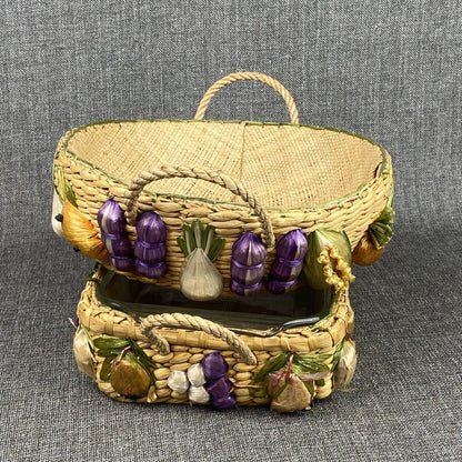 2 Nesting Vintage Wicker Casserole Carriers/Holders Raffia Lined Baskets