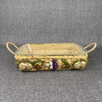 2 Nesting Vintage Wicker Casserole Carriers/Holders Raffia Lined Baskets