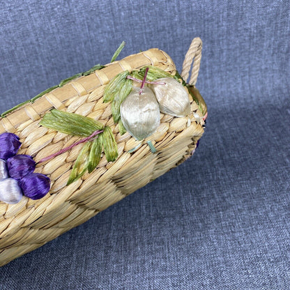 2 Nesting Vintage Wicker Casserole Carriers/Holders Raffia Lined Baskets