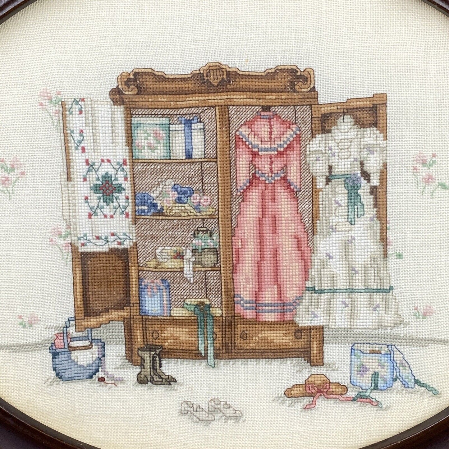 Vintage Cross Stitch Art Solid Wood Framed Dresses and Closet 14.5" Width