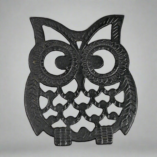 Vintage MCM Black Cast Iron Owl Trivet Pot Holder Taiwan