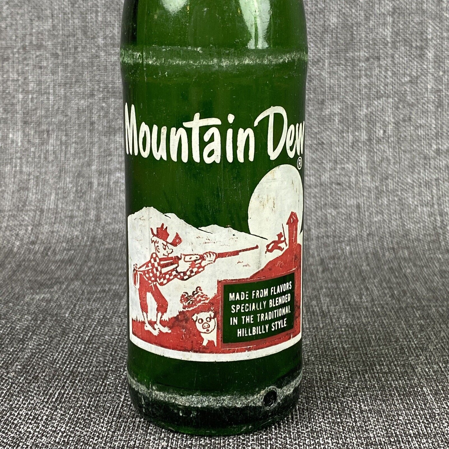 Vintage Mountain Dew 10oz Hillbilly Glass Bottle “It'll Tickle Yore Innards”Soda