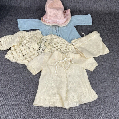 Lot Knitted Crocheted Baby Doll Infant Clothes Sweater Hats Vtg Handmade