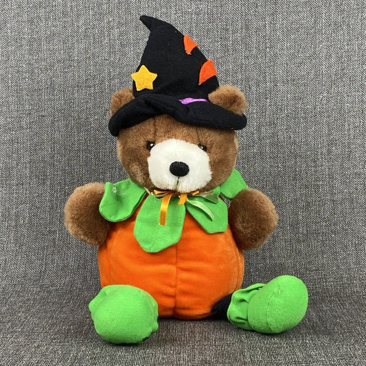 Vintage 1988 Chrisha Creations Halloween Playful Plush Pumpkin Teddy Bear 12"