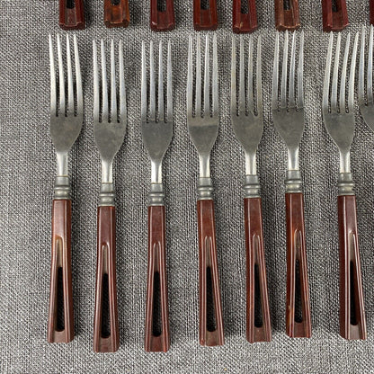 20 Vintage Stanhome Stainless Flatware Knives and Forks Brown Bakelite Handles