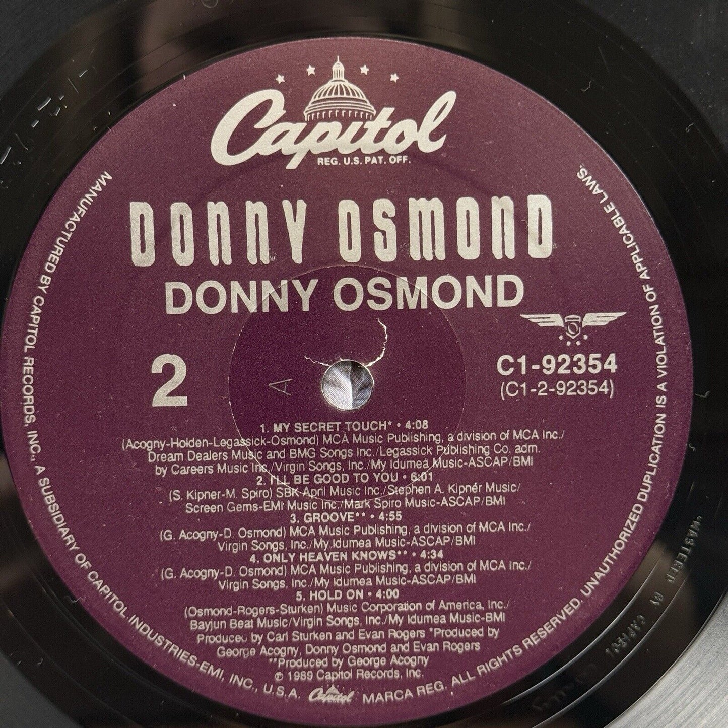 Donny Osmond Vinyl Record by Capitol Records 1989