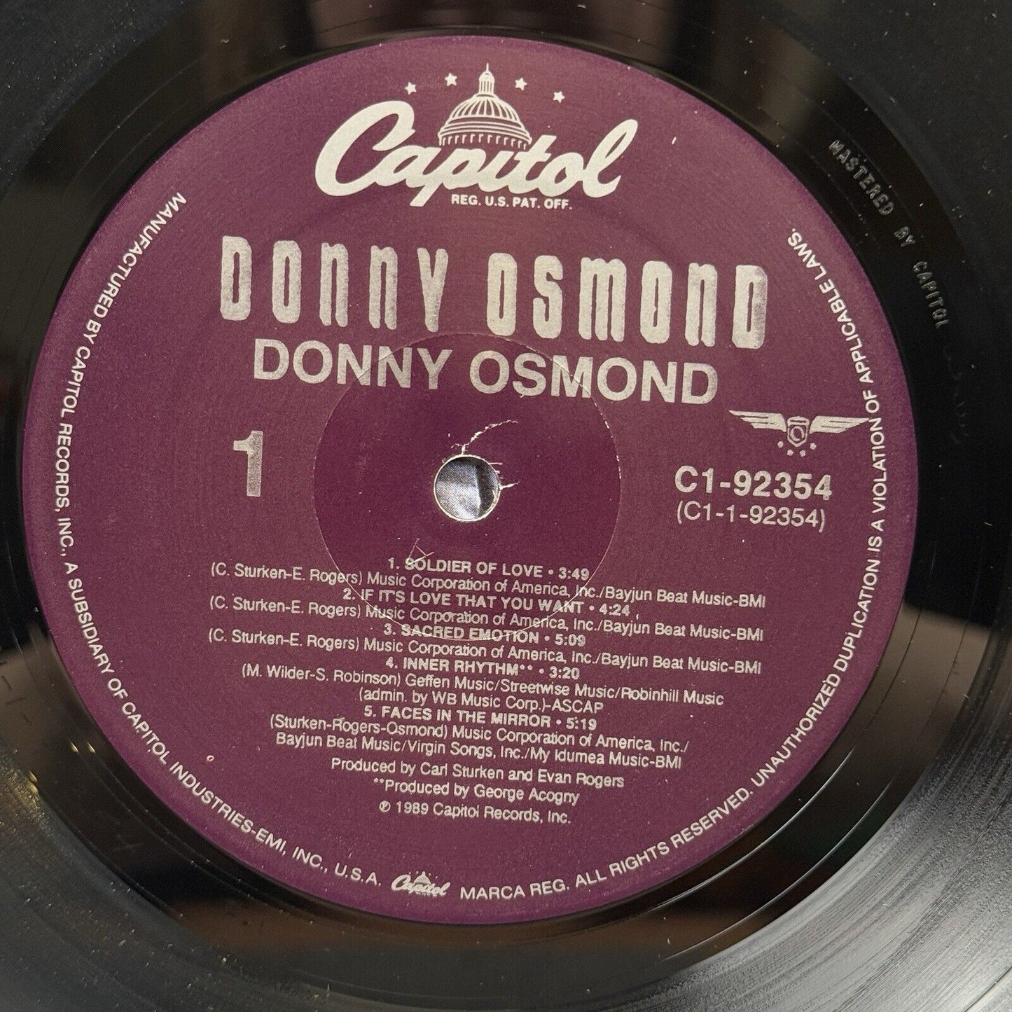 Donny Osmond Vinyl Record by Capitol Records 1989