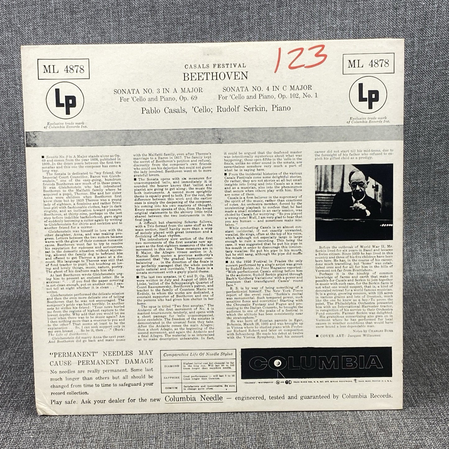Pablo Casals Rudolf Serkin Beethoven Sonatas Columbia LP Masterworks 6 EYE