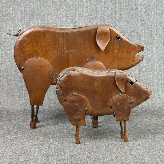 2 Metal Pig Decorations Rustic Large 14.5"x 12" and small 9.5"x 7.5"