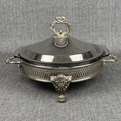 Silver Plated Three Footed Chafing Dish Casserole Warmer Marinex Glass Bake Dish