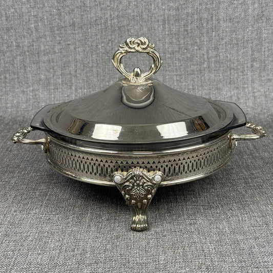 Silver Plated Three Footed Chafing Dish Casserole Warmer Marinex Glass Bake Dish