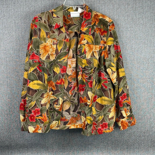 Alfred Dunner 12P Petite Floral Button Down Shirt Top Blouse Green Red