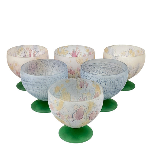 6 Art Glass Dessert Bowls Pedestal Footed Signed Candle Snowflake Design