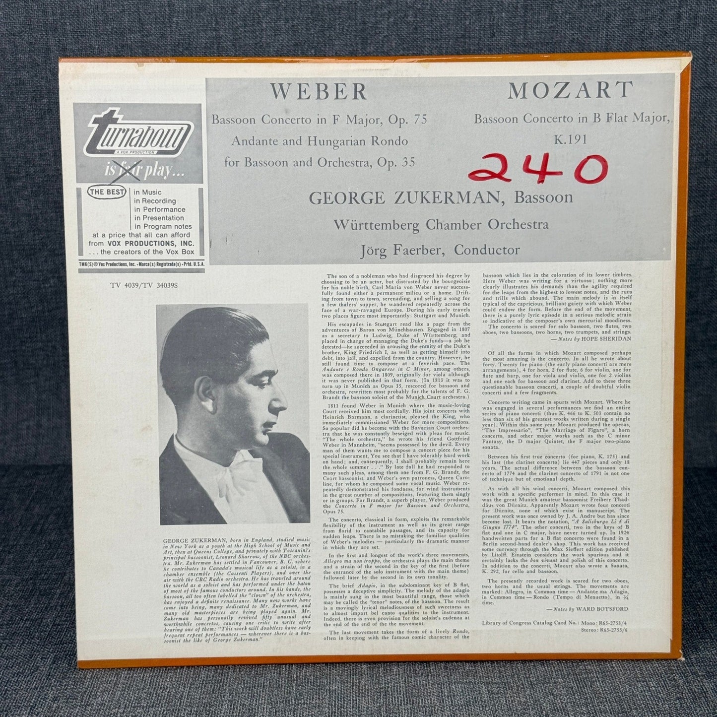 Mozart Weber Bassoon Concertos Turnabout LP Vinyl Record Classical - NEAR MINT