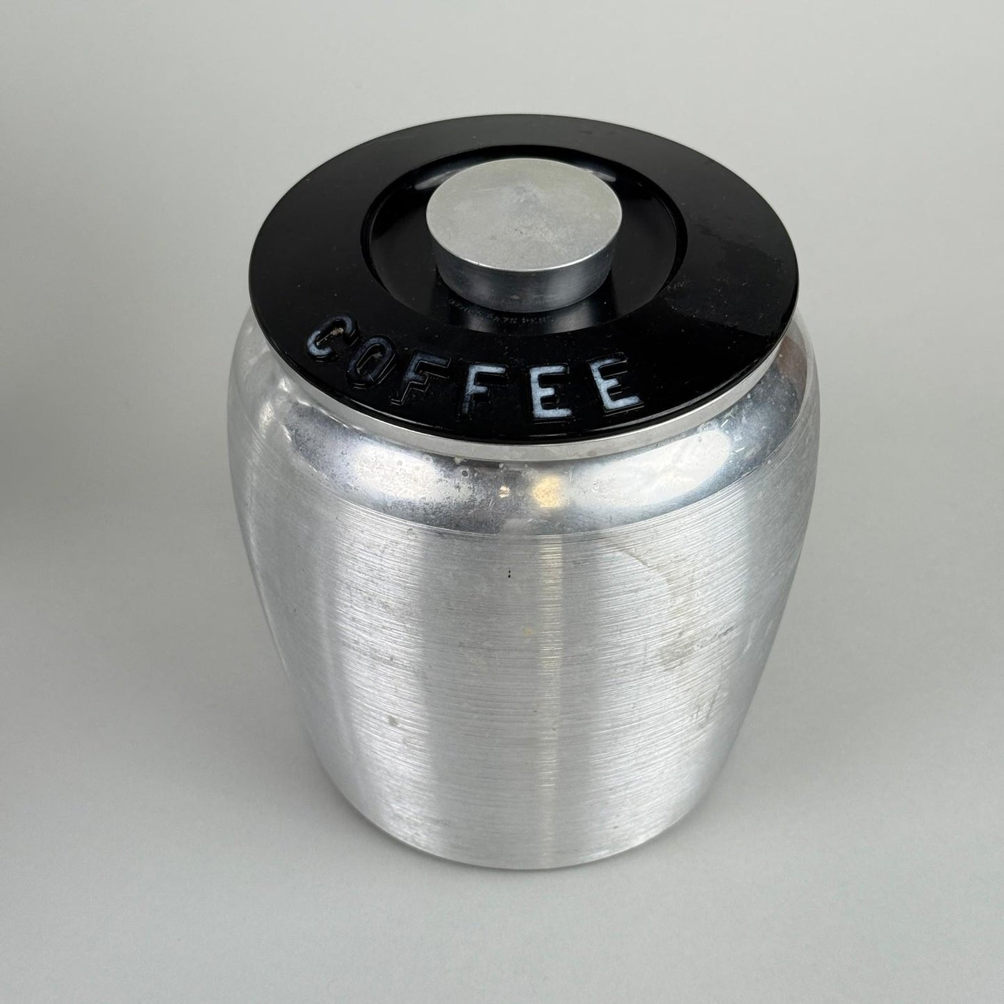 Vintage Kromex Aluminum Canister Set of 4 Flour Sugar Coffee Tea Black Lids