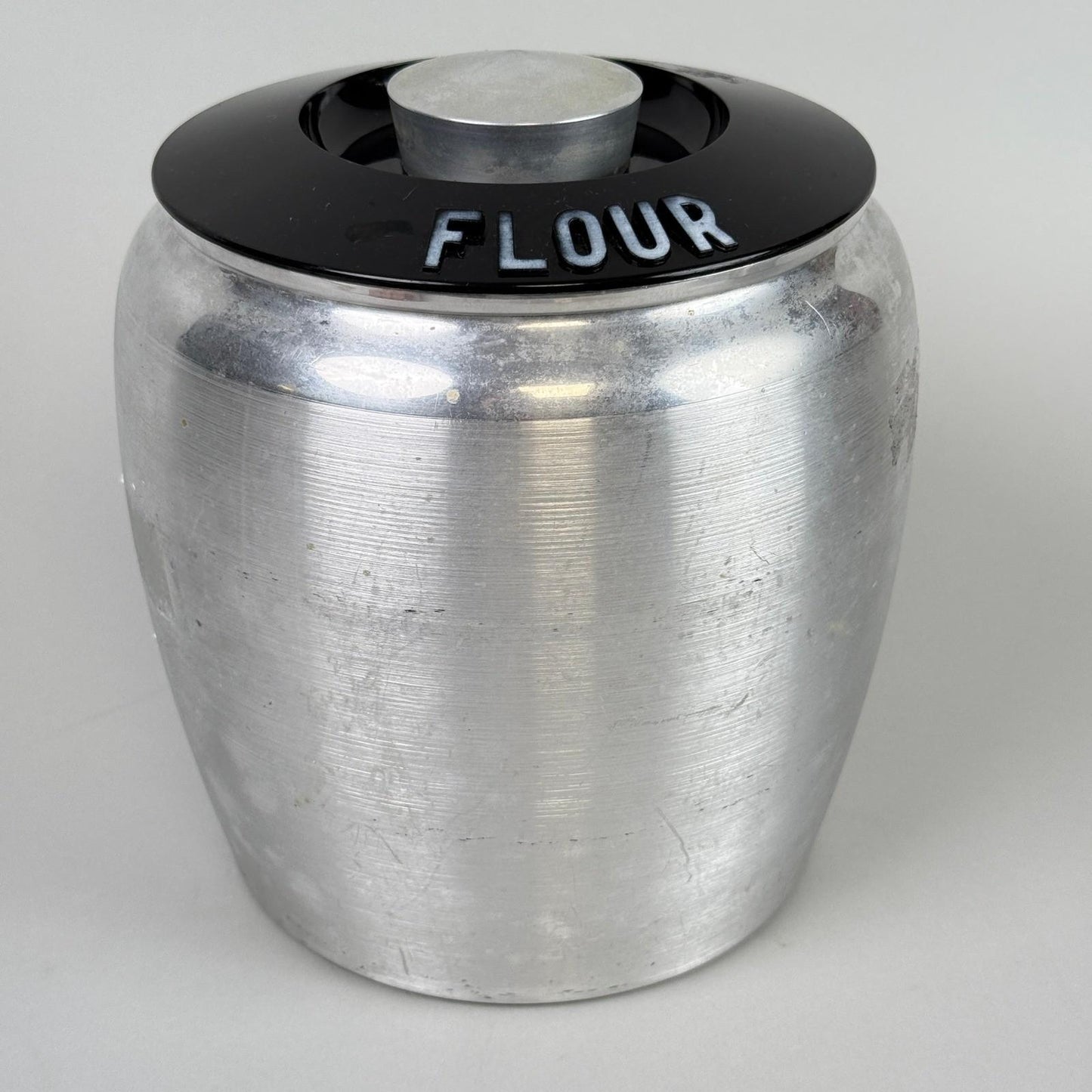 Vintage Kromex Aluminum Canister Set of 4 Flour Sugar Coffee Tea Black Lids