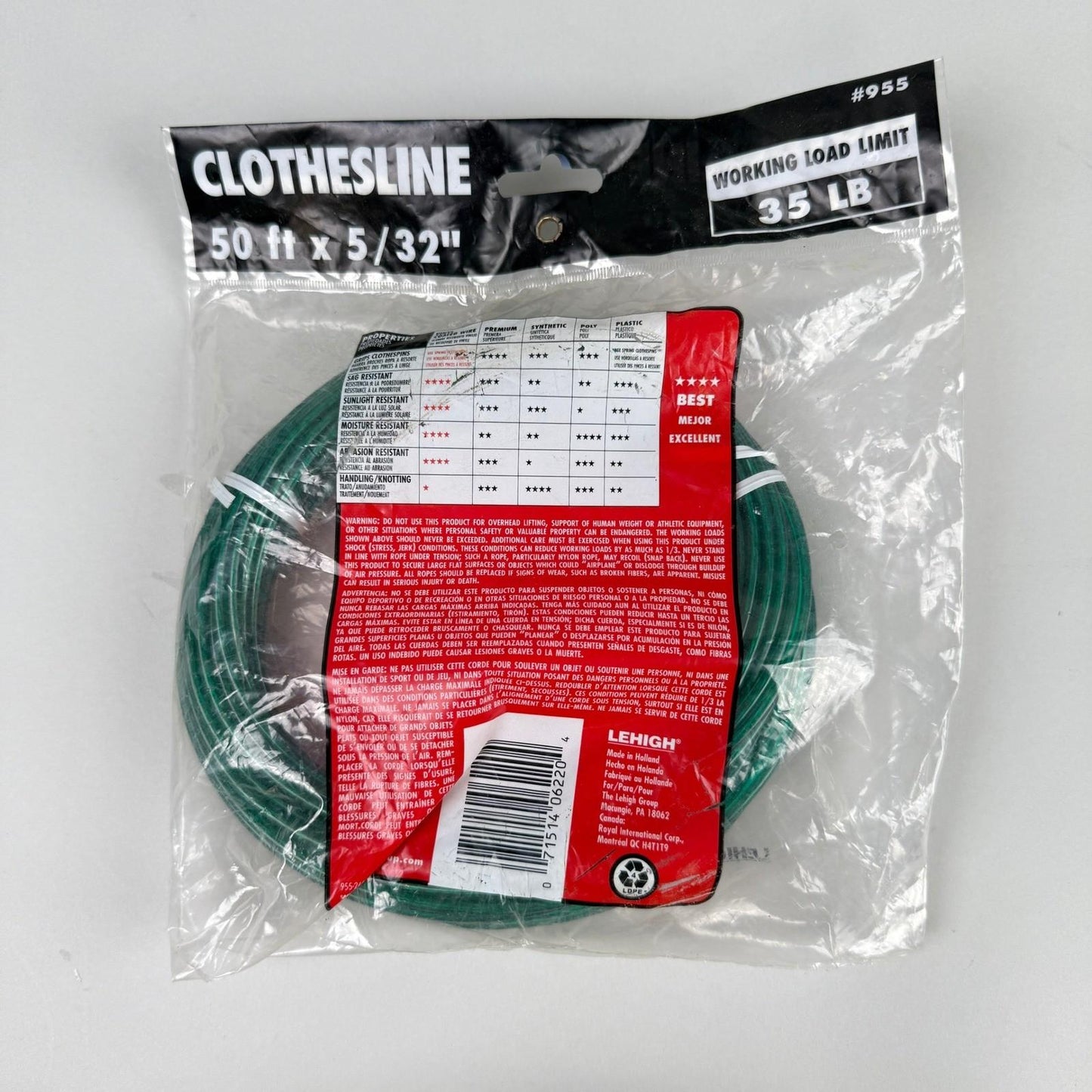 Lehigh Clothesline 50 ft 5/32" Vinyl Coated Wire Superior Sag Resistance 35 LB