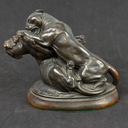 Bronze Sculpture Two Panthers Fighting Wild Animal Art Statue Figurine 9"x7"