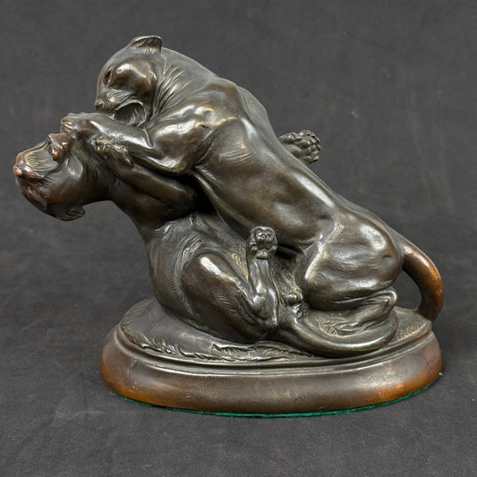 Bronze Sculpture Two Panthers Fighting Wild Animal Art Statue Figurine 9"x7"