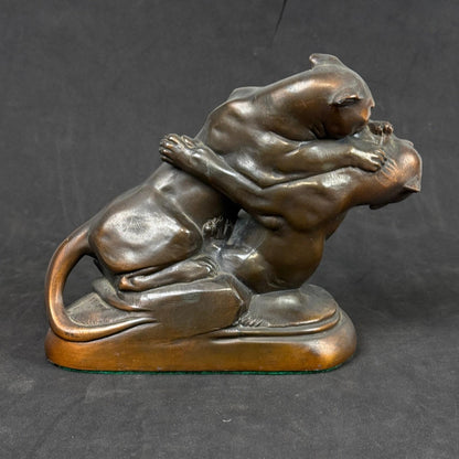 Bronze Sculpture Two Panthers Fighting Wild Animal Art Statue Figurine 9"x7"