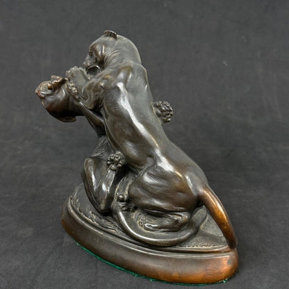 Bronze Sculpture Two Panthers Fighting Wild Animal Art Statue Figurine 9"x7"